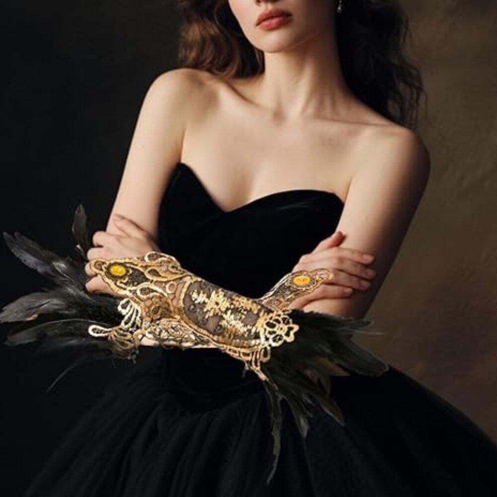 Gothic Black Lace Feather Long Gloves